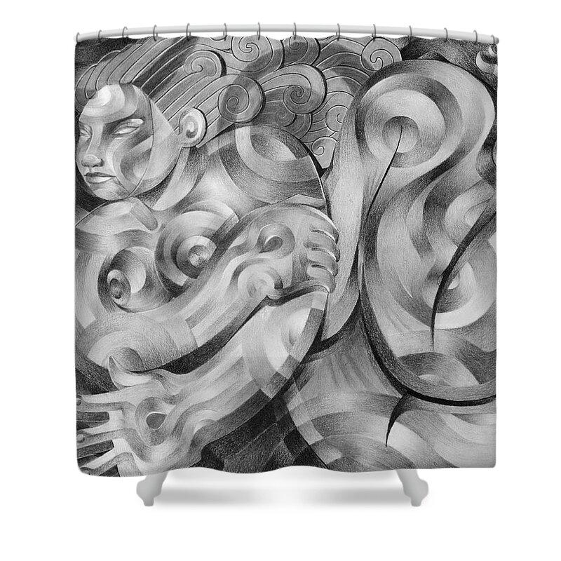 Art Shower Curtain featuring the drawing Playful by Myron Belfast