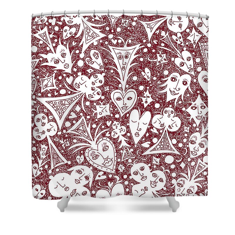 Lise Winne Shower Curtain featuring the drawing Playing Card Symbols with Faces in Red by Lise Winne