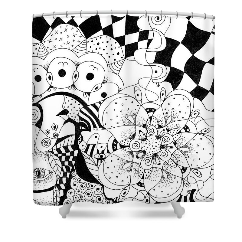 Playing The Fool - Take 3 By Helena Tiainen Shower Curtain featuring the drawing Playing The Fool - Take 3 by Helena Tiainen