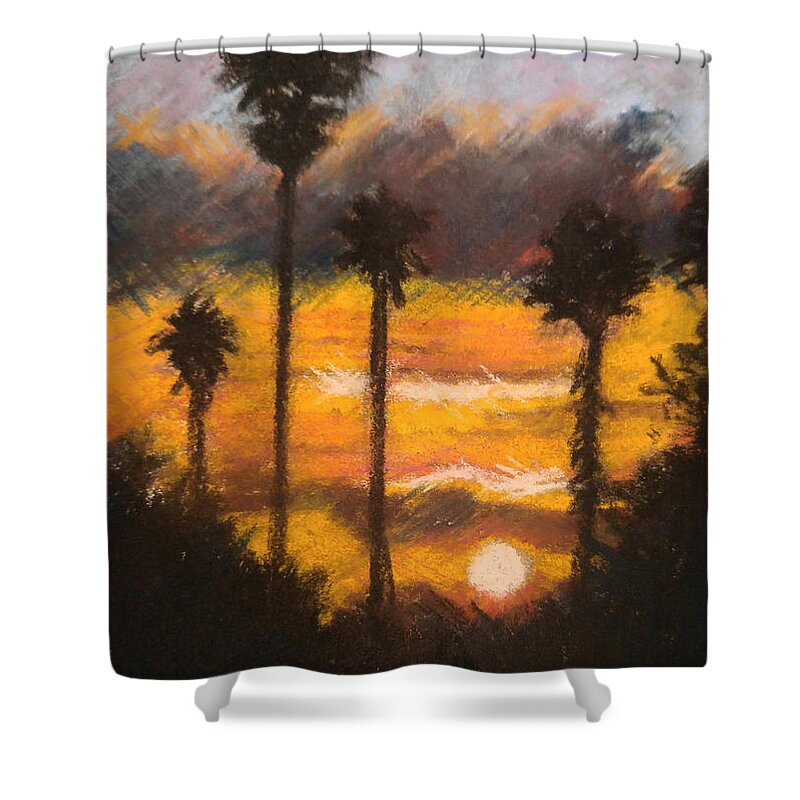 San Diego Palm Trees Sunset Fire Blazing Silhouette Nature Landscape California Beautiful Majestic Shower Curtain featuring the pastel Playing with Fire, San Diego by Brenda Salamone