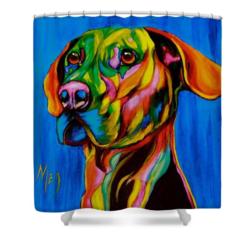 Blue Shower Curtain featuring the painting Please by Meg Keeling