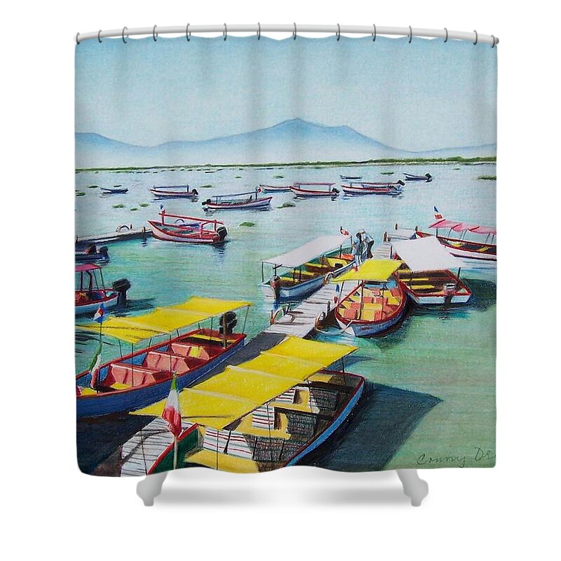 Sea Scape Shower Curtain featuring the mixed media Pleasure boats on Lake Chapala by Constance Drescher