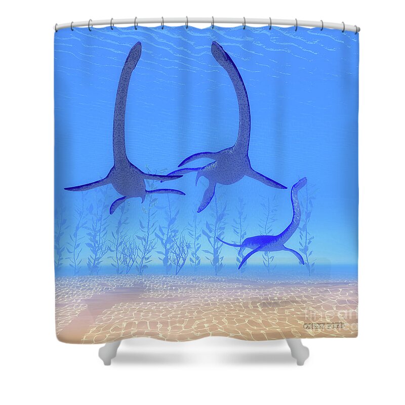 Plesiosaurus Shower Curtain featuring the painting Plesiosaurus Reptiles Undersea by Corey Ford