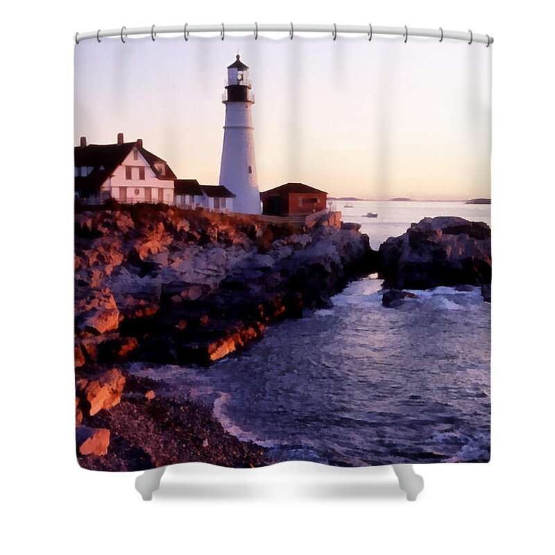 Water Ocean Scene Lighthouse Maine Painting Fishing Nature Shower Curtain featuring the painting Pnrf0905 by Henry Butz