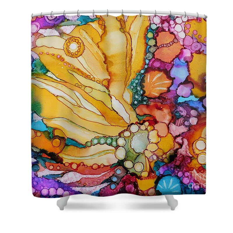 This Vibrant Rainbow-colored Abstract Design Was Done On White Ceramic Tile. Alcohol Ink Is A Very Exciting Medium Because Shower Curtain featuring the painting Poco Tropical by Joan Clear