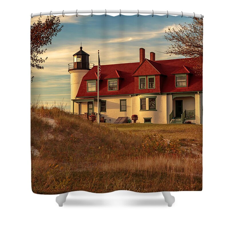Lighthouse Shower Curtain featuring the photograph Point Betsie Light by Susan Rissi Tregoning