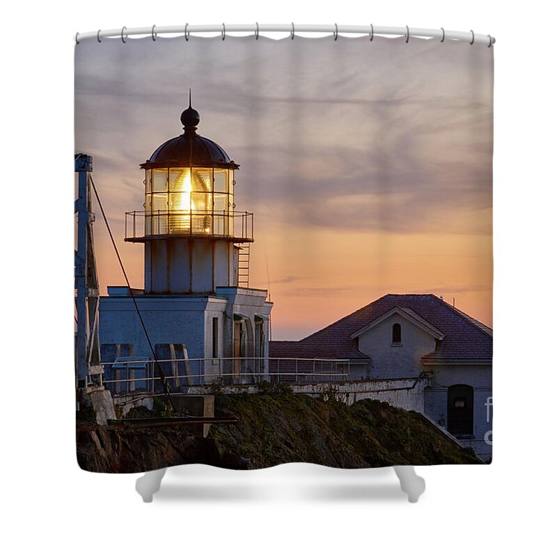 Architecture Shower Curtain featuring the photograph Point Bonita Light House at Sunset by Dean Birinyi