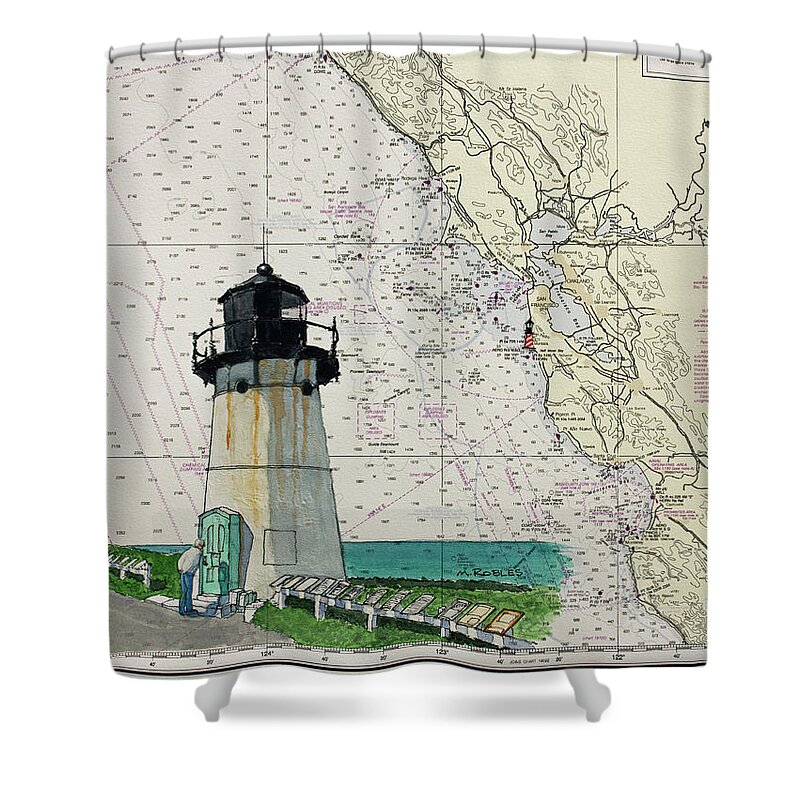 California Shower Curtain featuring the painting Point Montara Lighthouse on a NOAA Nautical Chart by Mike Robles