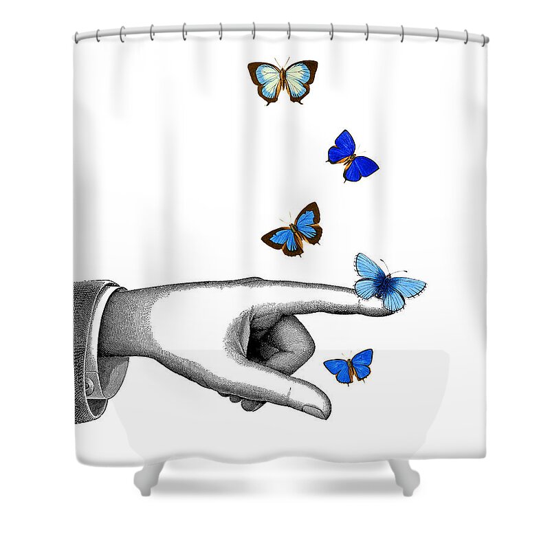 Pointing Shower Curtain featuring the digital art Pointing Finger With Blue Butterflies by Madame Memento