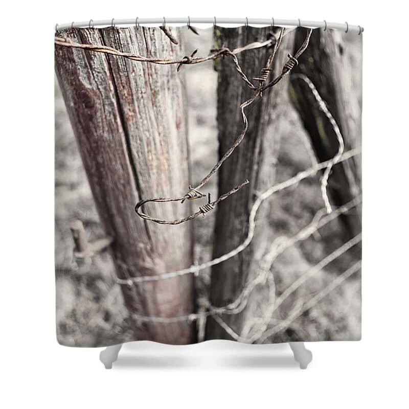 Barbed Wire Shower Curtain featuring the photograph Points and Posts by Caitlyn Grasso