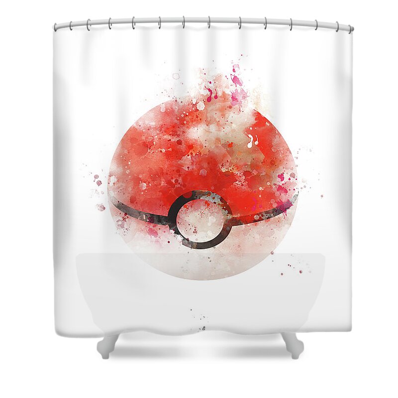 Pokeball Shower Curtain featuring the mixed media Pokeball by Monn Print