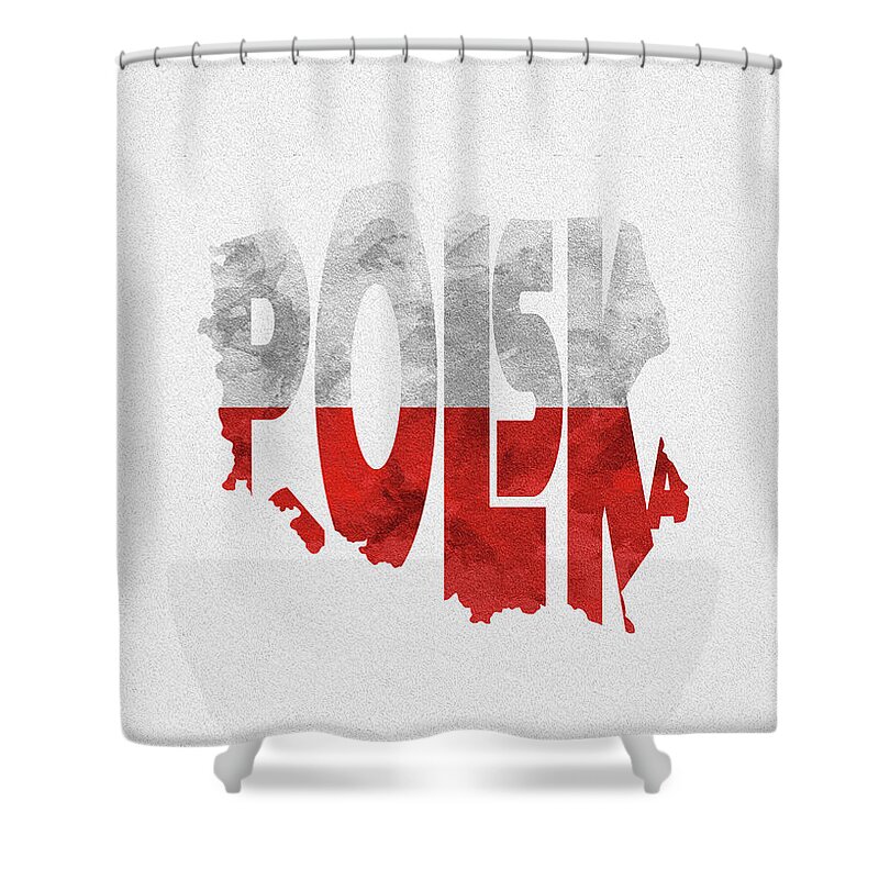 Poland Shower Curtain featuring the digital art Poland Typographic Map Flag by Inspirowl Design