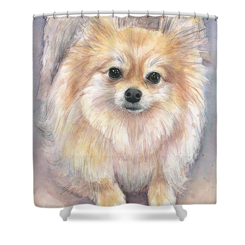 Pomeranian Shower Curtain featuring the painting Pomeranian Watercolor by Olga Shvartsur