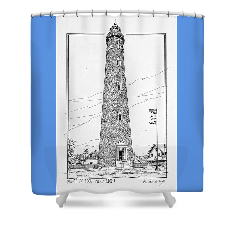 Us Lighthouses Shower Curtain featuring the drawing Ponce de Leon Inlet Light by Ira Shander