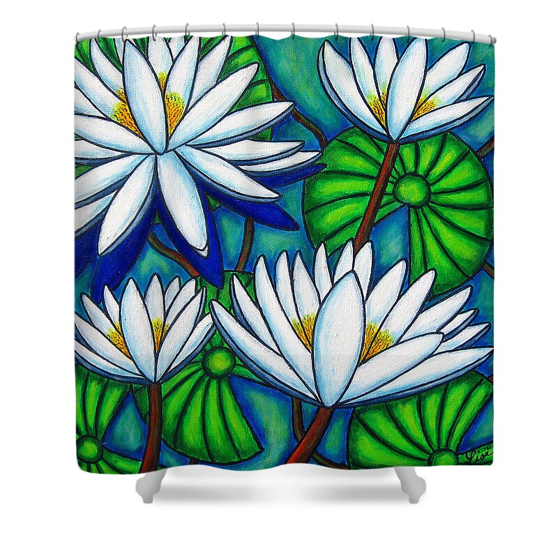 Water Lilies Shower Curtain featuring the painting Pond Jewels by Lisa Lorenz