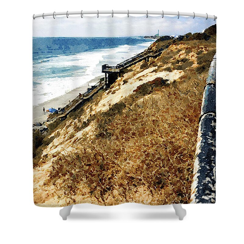 Beach Shower Curtain featuring the digital art Ponto Beach, Carlsbad by Rhonda Strickland