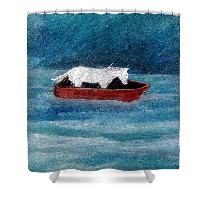 Katt Yanda Original Art Landscape Oil Painting Canvas White Pony Red Boat Ocean Sea Rain Storm Clouds Waves Shower Curtain featuring the painting Pony in a Red Boat by Katt Yanda