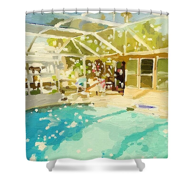 Glittering Day Shower Curtain featuring the painting Pool and Screened Pool House by Melissa Abbott