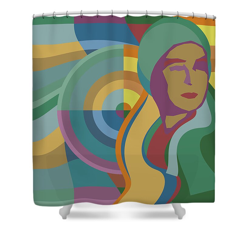 Tencc Shower Curtain featuring the digital art Pop Orphiste - Sonia Delaunay Portrait by BFA Prints