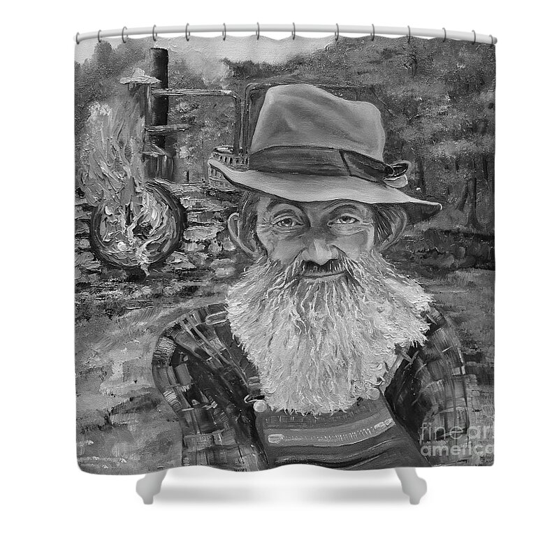 Popcorn Sutton Shower Curtain featuring the painting Popcorn Sutton - Black and White - Rocket Fuel by Jan Dappen