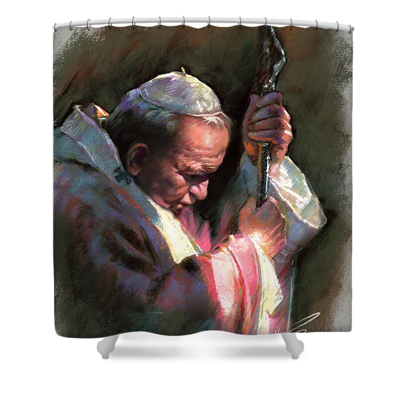 Portrait Shower Curtain featuring the pastel Pope John Paul II by Ylli Haruni