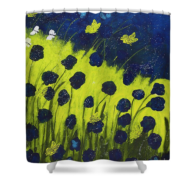 Fine Art Painting Shower Curtain featuring the painting Poppies and Butterflies in the Meadow by Catalina Walker