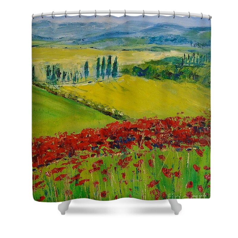 Provence Shower Curtain featuring the relief Poppies in Provence by Angela Cartner