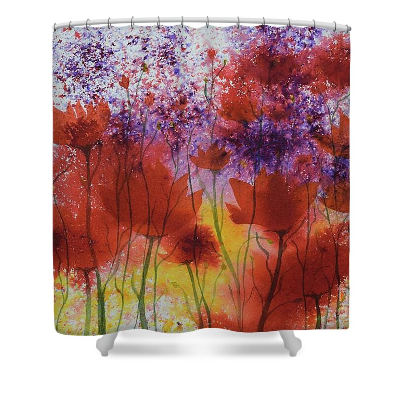  Barrieloustark Shower Curtain featuring the painting Popping Poppies by Barrie Stark