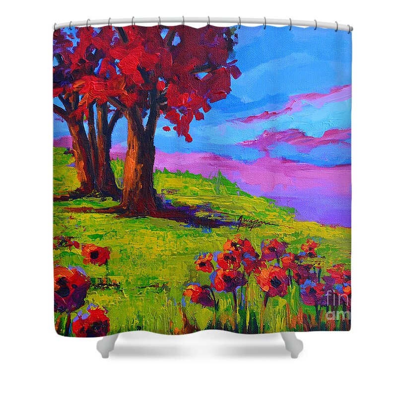 Landscape Painting Shower Curtain featuring the painting Poppy Field Modern Landscape colorful palette knife work by Patricia Awapara