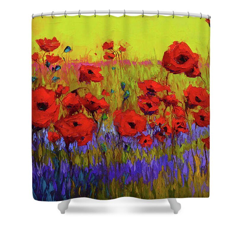 Colorful Wildflowers Shower Curtain featuring the painting Poppy Flower Field Oil Painting with Palette knife by Patricia Awapara