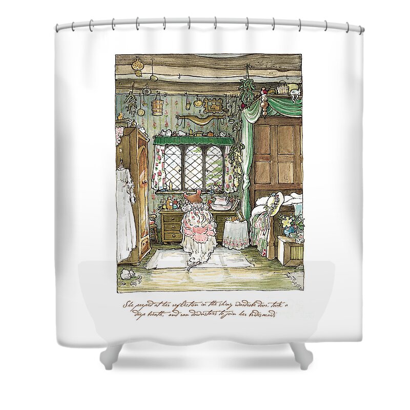Brambly Hedge Shower Curtain featuring the drawing Poppy puts on her wedding dress by Brambly Hedge