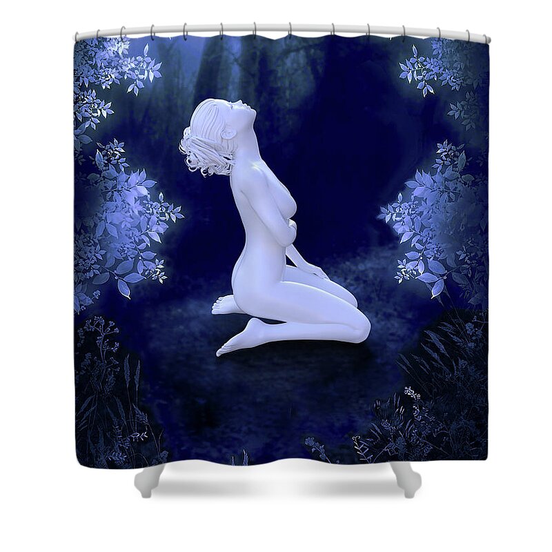 Renderosity Fine Art - Blue Shower Curtain featuring the mixed media Porcelain Moon by Barbara Milton