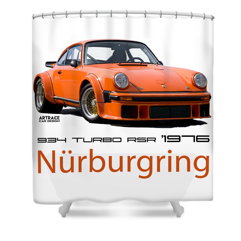 Porsche 934 Shower Curtain featuring the digital art Porsche Carrera RSR Nurburgring German Retro Sports Car by Artem Sinitsyn