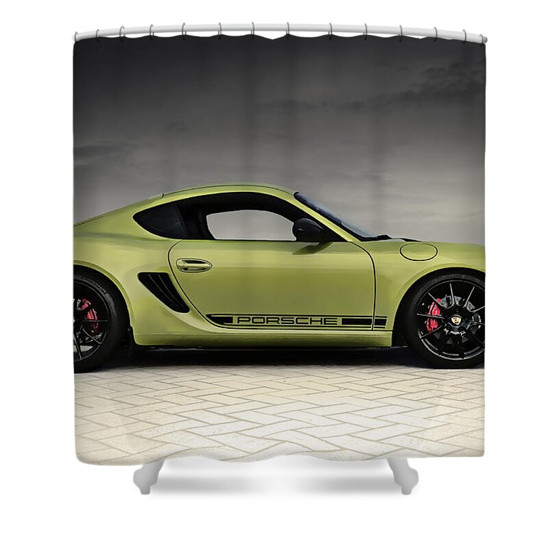 Porsche Shower Curtain featuring the digital art Porsche Cayman R by Douglas Pittman