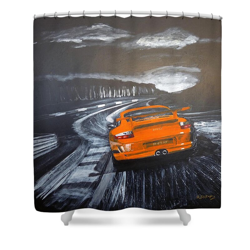 Porsche Shower Curtain featuring the painting Porsche GT3 @ Le Mans #3 by Richard Le Page