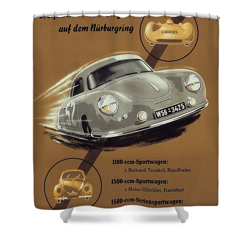 Porsche Shower Curtain featuring the digital art Porsche Nurburgring 1950s vintage poster by Georgia Fowler