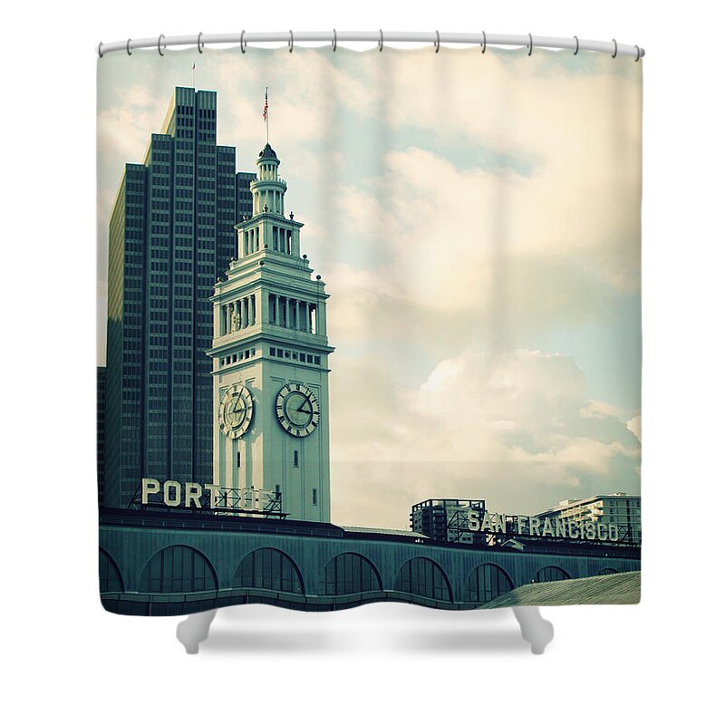 Clock Shower Curtain featuring the photograph Port of San Francisco by Linda Woods