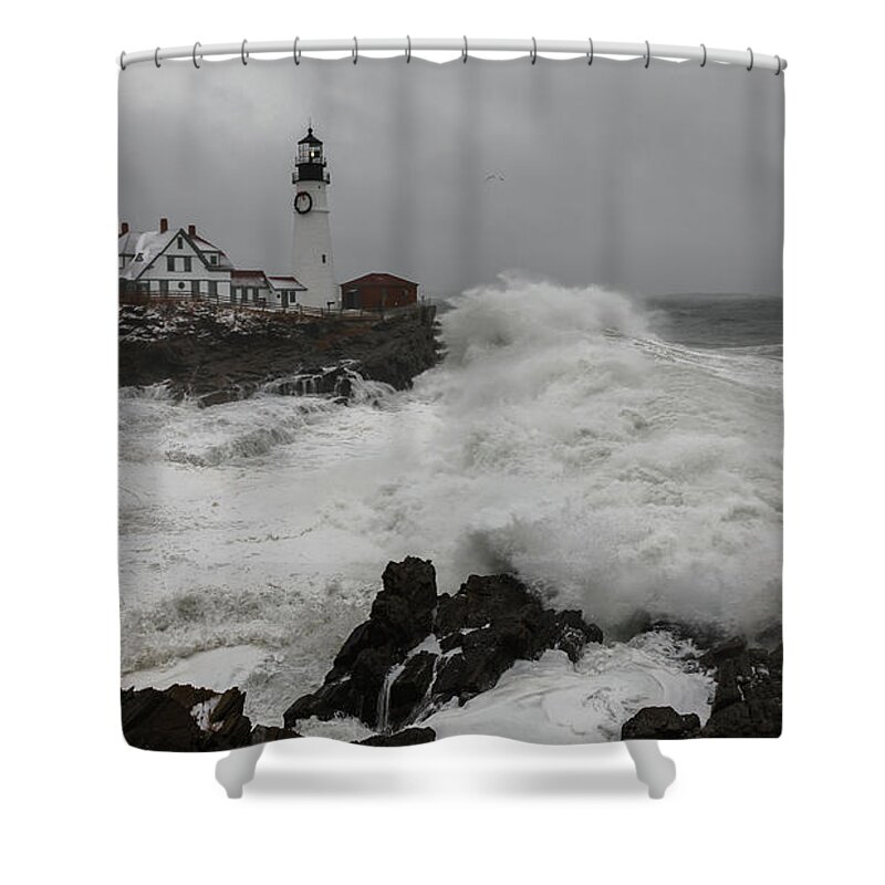 Maine Shower Curtain featuring the photograph Portland Head Light Nor'easter by Colin Chase