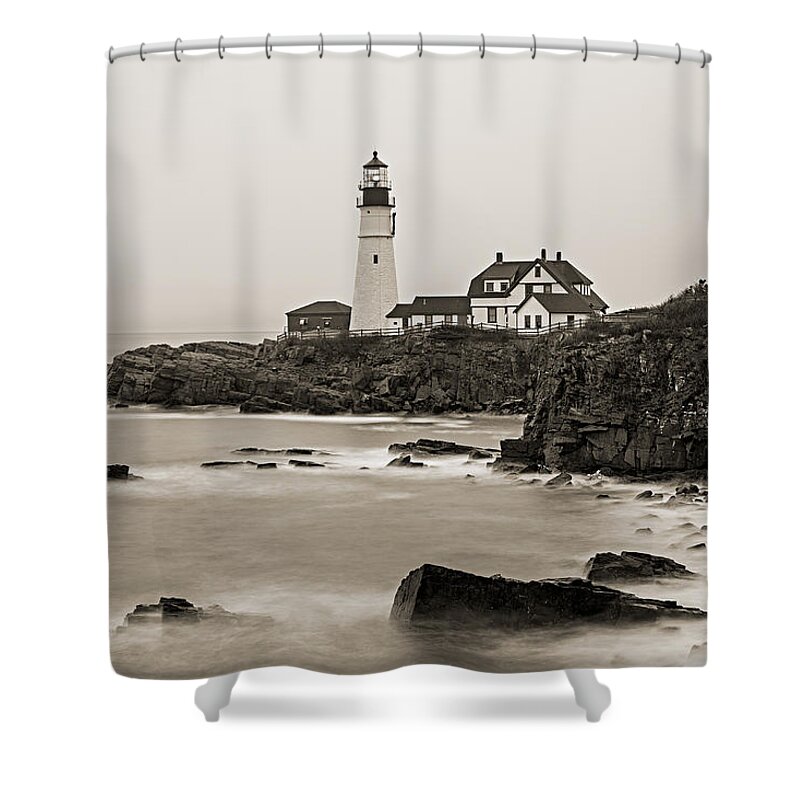 Vacationland Shower Curtain featuring the photograph Portland Head Lighthouse foggy morning Sepia by David Smith