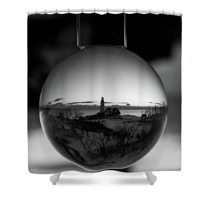 Black And White Shower Curtain featuring the photograph Portland Headlight Globe by Darryl Hendricks