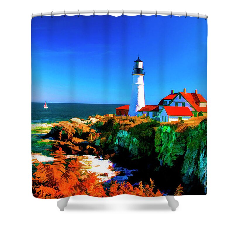 Lighthouses Portland Maine Sea Scapes Shower Curtain featuring the photograph Portland Light by Rick Bragan