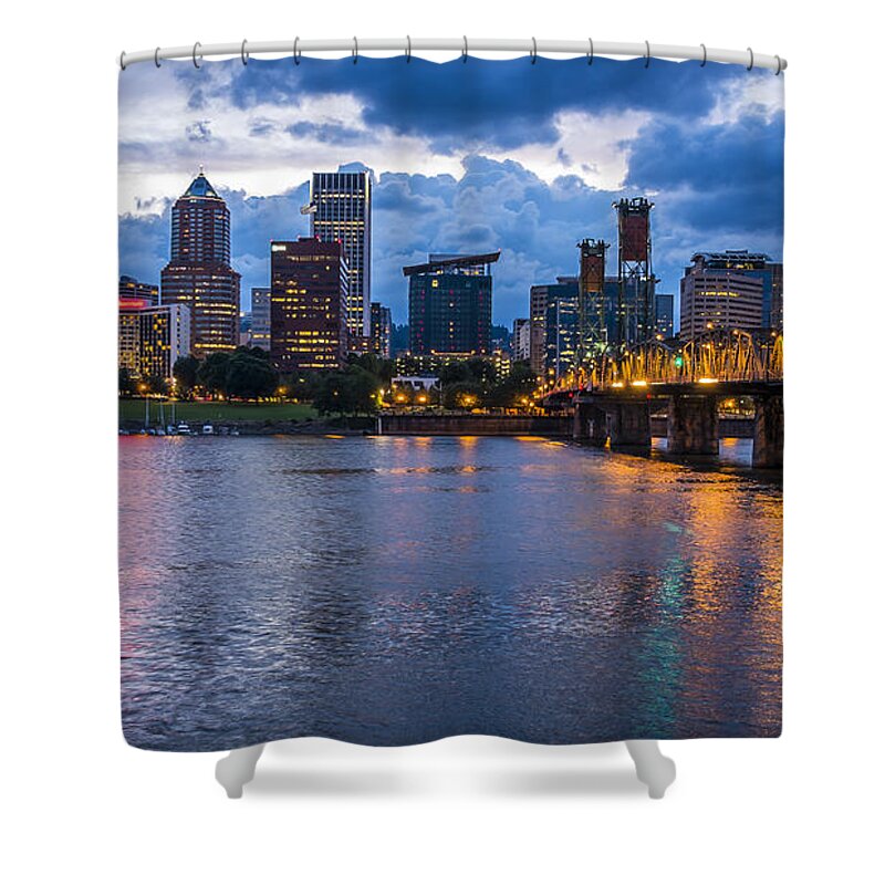 Hawthorne Bridge Shower Curtain featuring the photograph Portland Skyline Along Willamette River by Bryan Mullennix