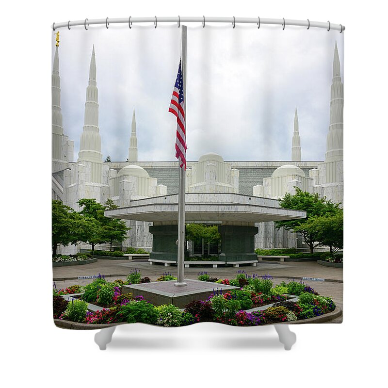 Portland Temple Lds Mormon Shower Curtain featuring the photograph Portland Temple 1 by Clyn Robinson