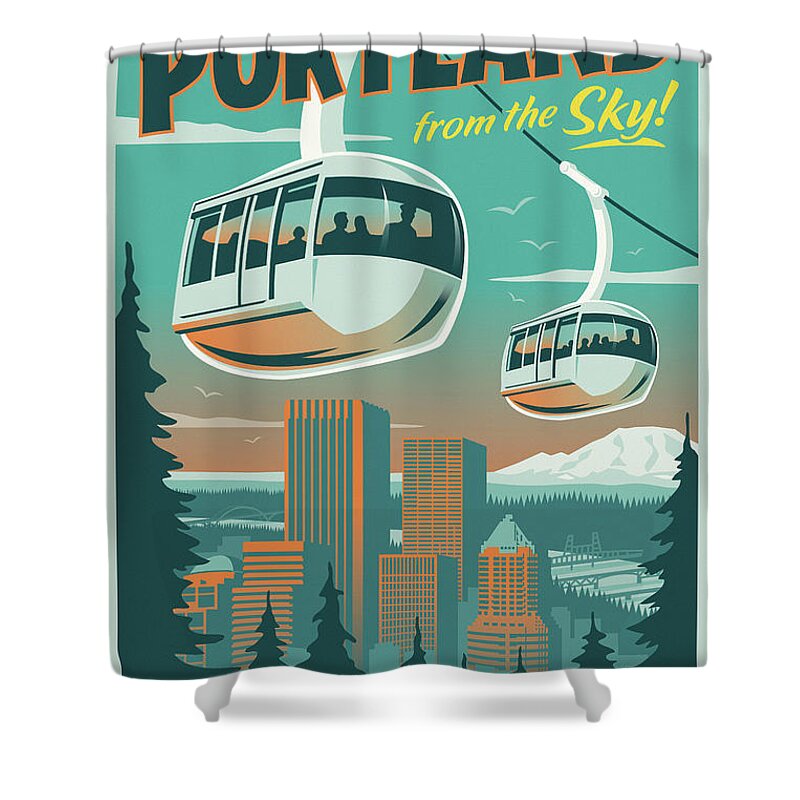 Vintage Shower Curtain featuring the digital art Portland Poster - Tram Retro Travel by Jim Zahniser