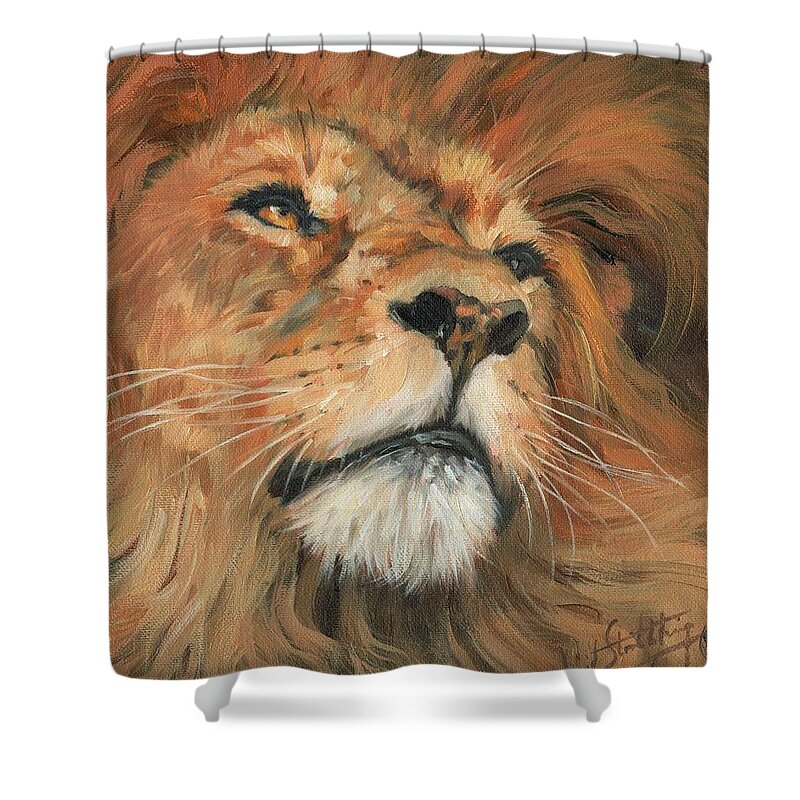 Lion Shower Curtain featuring the painting Portrait of a Lion by David Stribbling