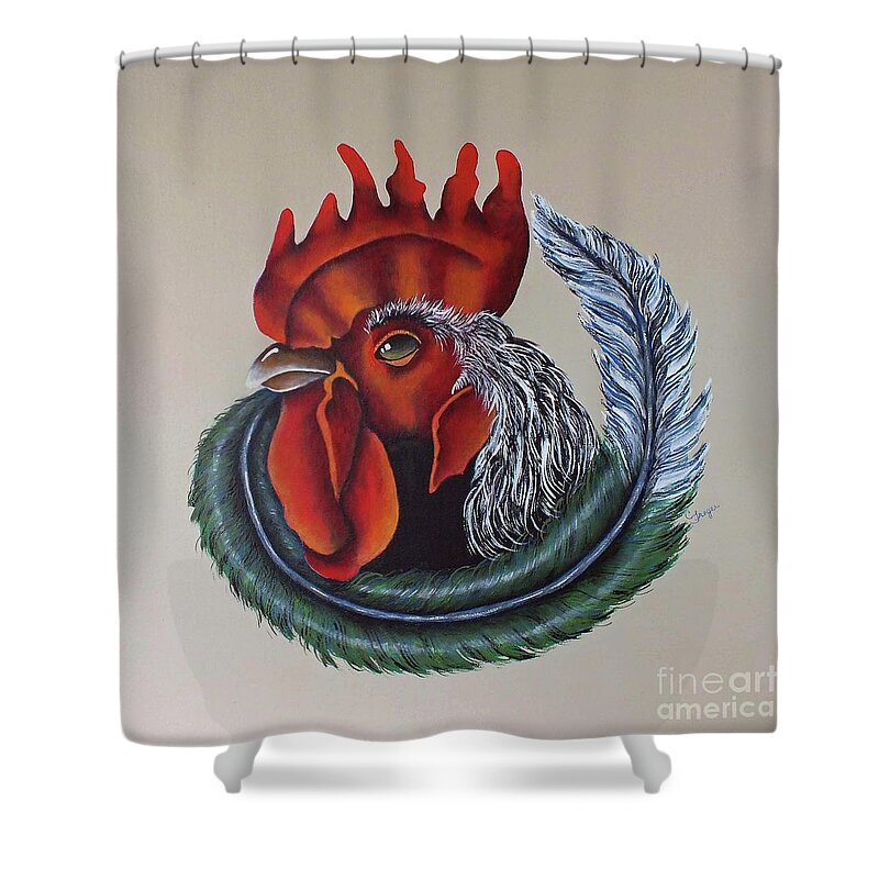Cindy Treger Shower Curtain featuring the painting Portrait Of A Rooster - Acrylic Painting by Cindy Treger