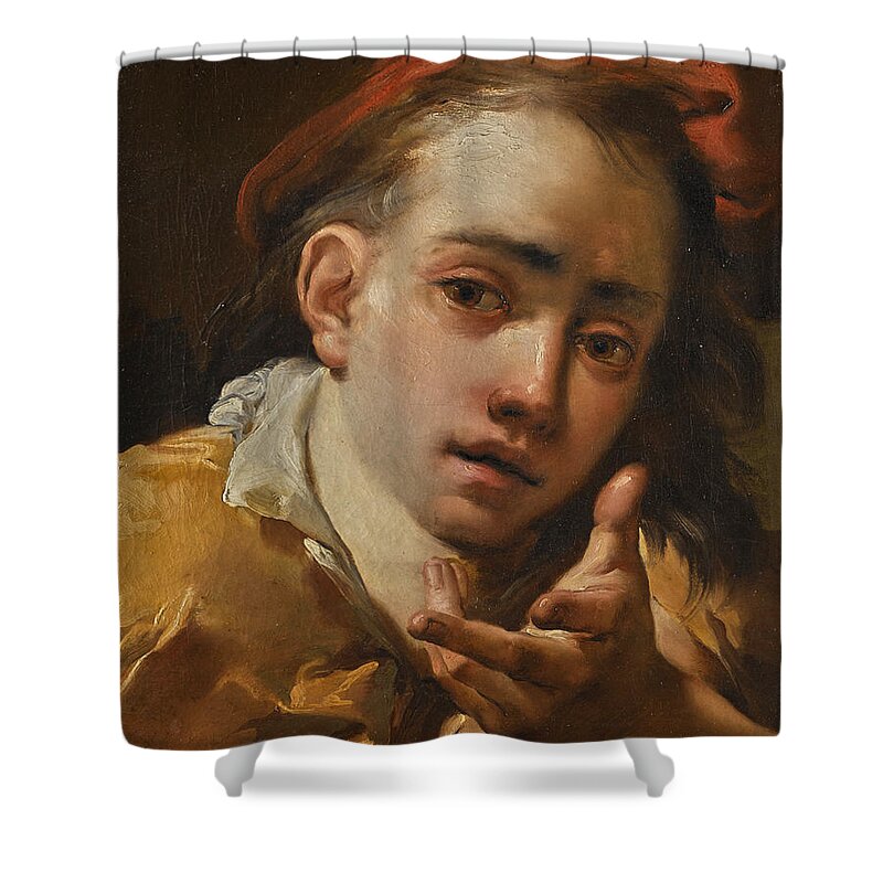 Gaetano Gandolfi Shower Curtain featuring the painting Portrait of a Young Man, Bust-Length, wearing a red Cap and gesturing to the Viewer by Gaetano Gandolfi