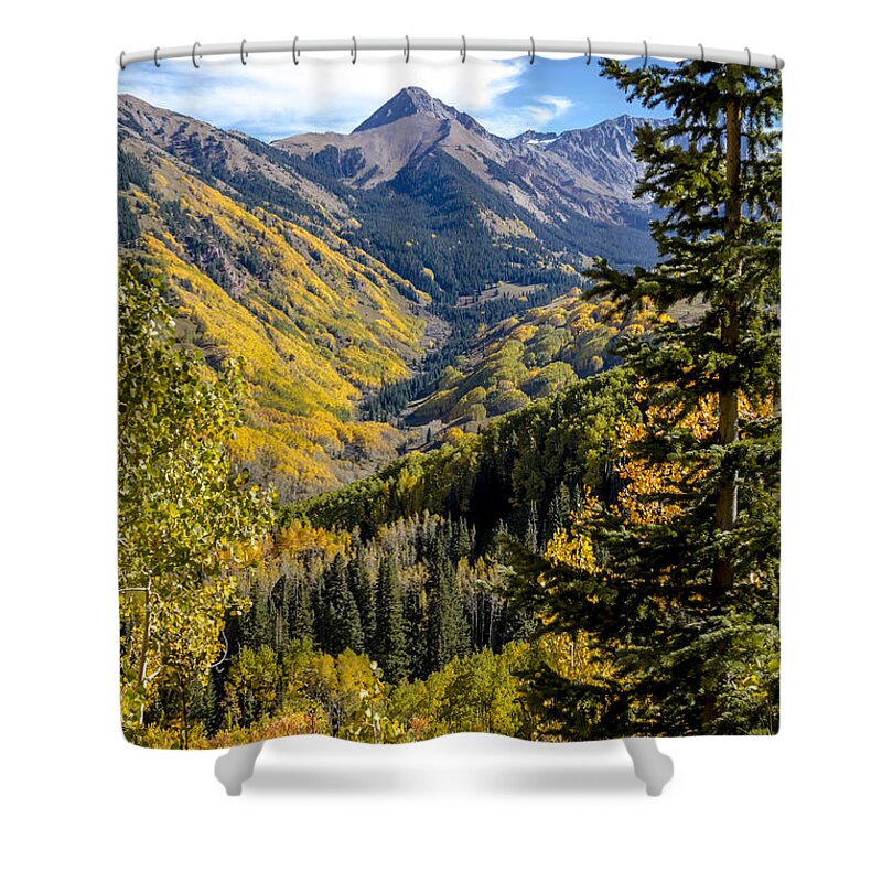 Aspen Trees Shower Curtain featuring the photograph Portrait of Capitol Peak Valley by Teri Virbickis