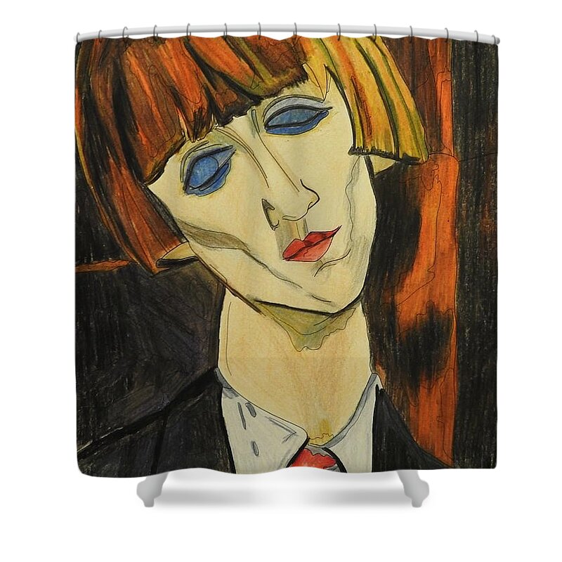 Modigliani Shower Curtain featuring the mixed media Portrait of Madame Kisling After Amadeo Modigliani by Betty-Anne McDonald