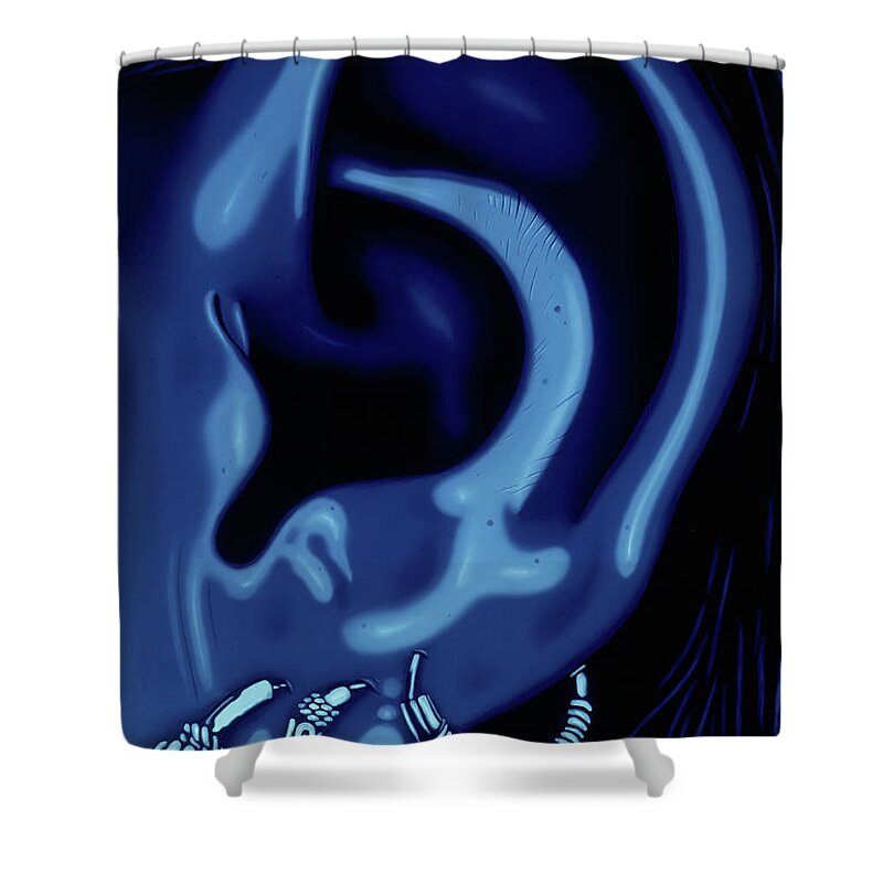  Shower Curtain featuring the painting Portrait of my Ear in Blue by Paxton Mobley